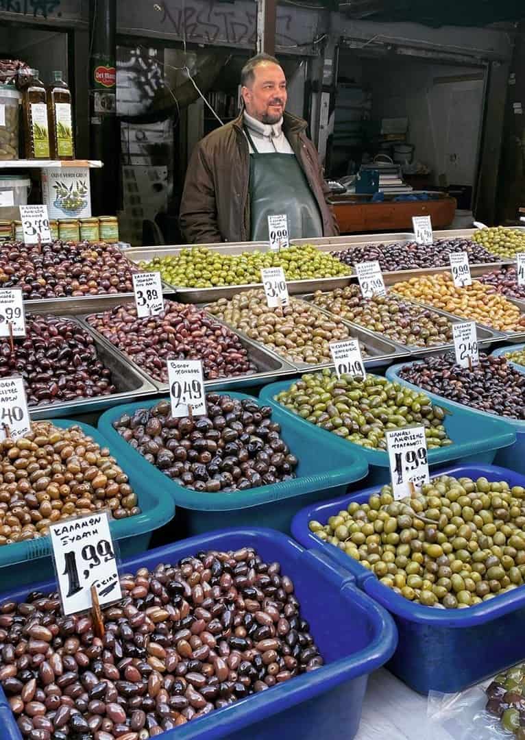 Athens itinerary: An olive vendor at Varvakios Agora