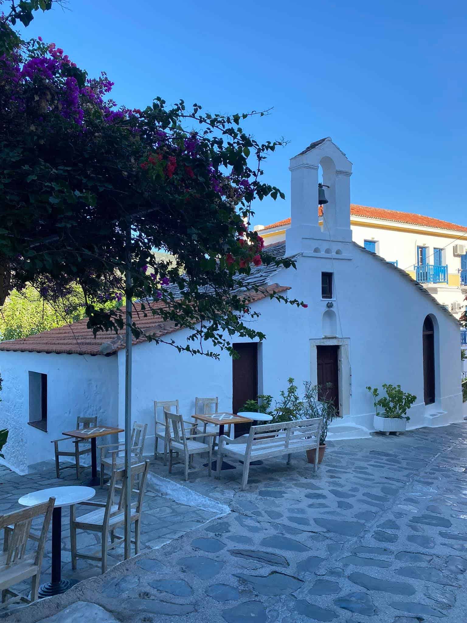 Picturesque Orthodox churches are scattered around the Chora