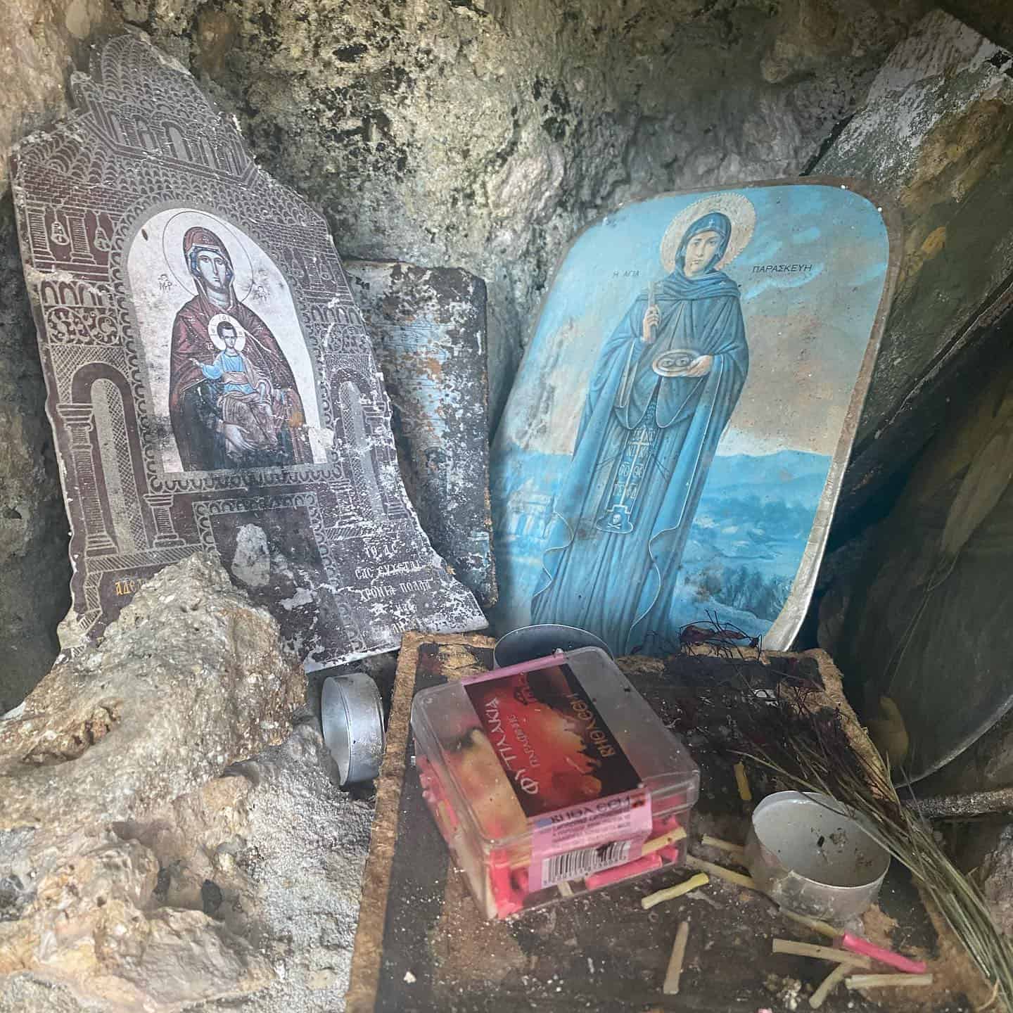 A makeshift shrine inside the ruined monastery of Vlacherna