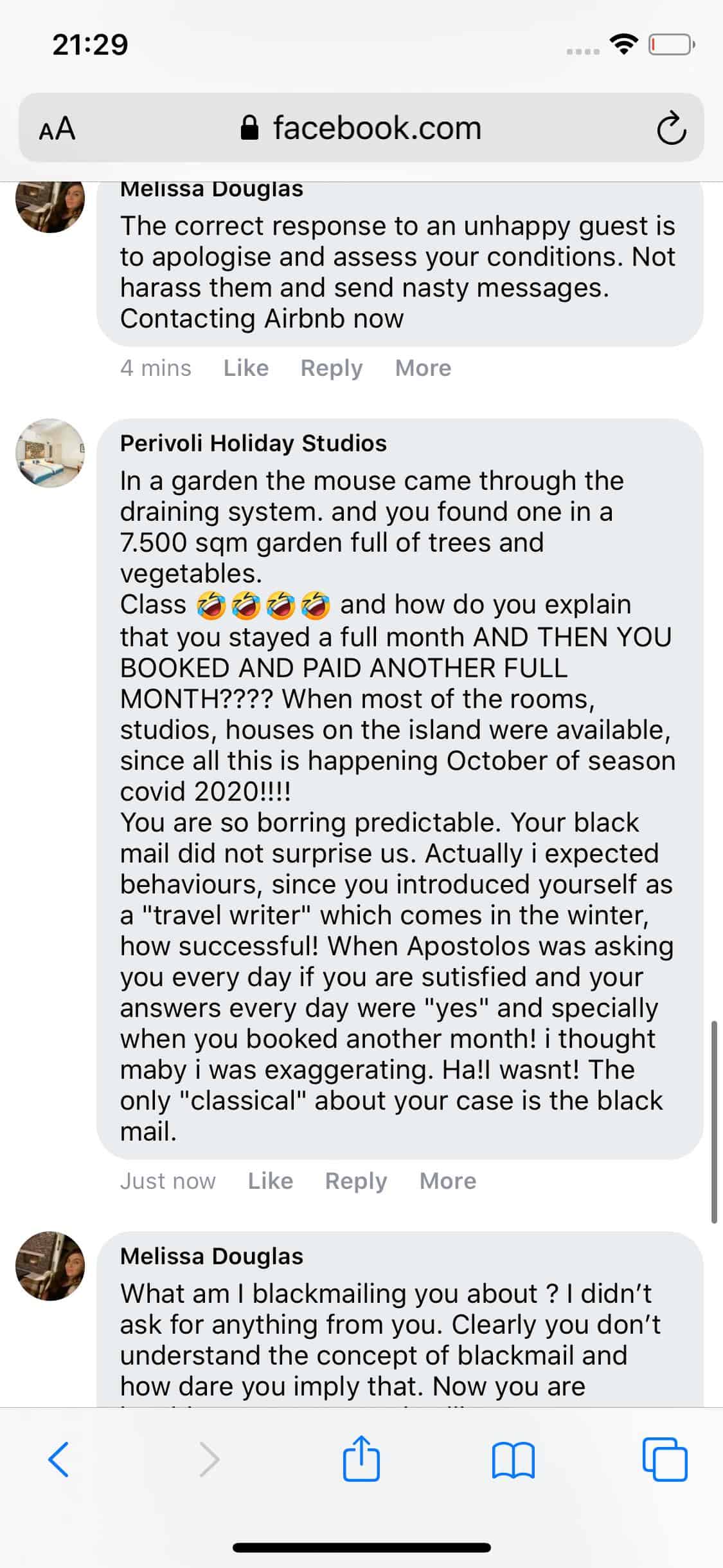 Perivoli holiday studios: harassment from hosts