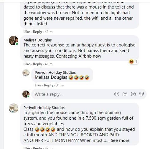 Perivoli Holiday Studios laughing and mocking guests for reporting rats