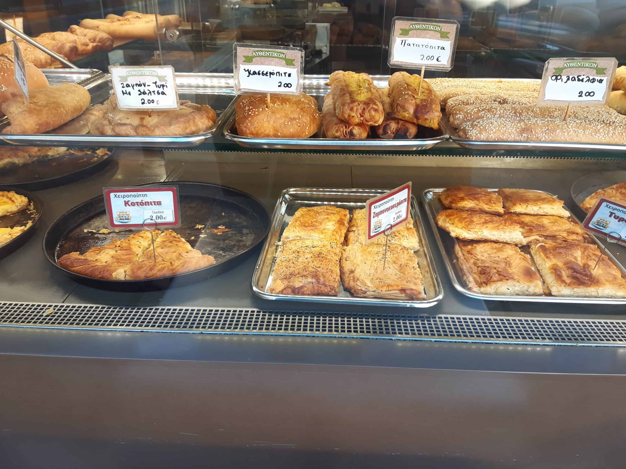 Greek street food: homemade pies in Karpenisi
