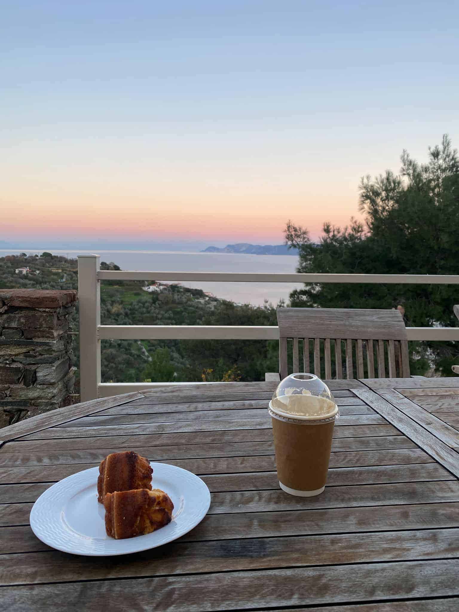 A Greek freddo cappuccino with a side of sunset