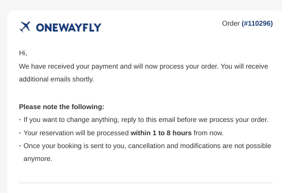 Confirmation email from OneWayFly